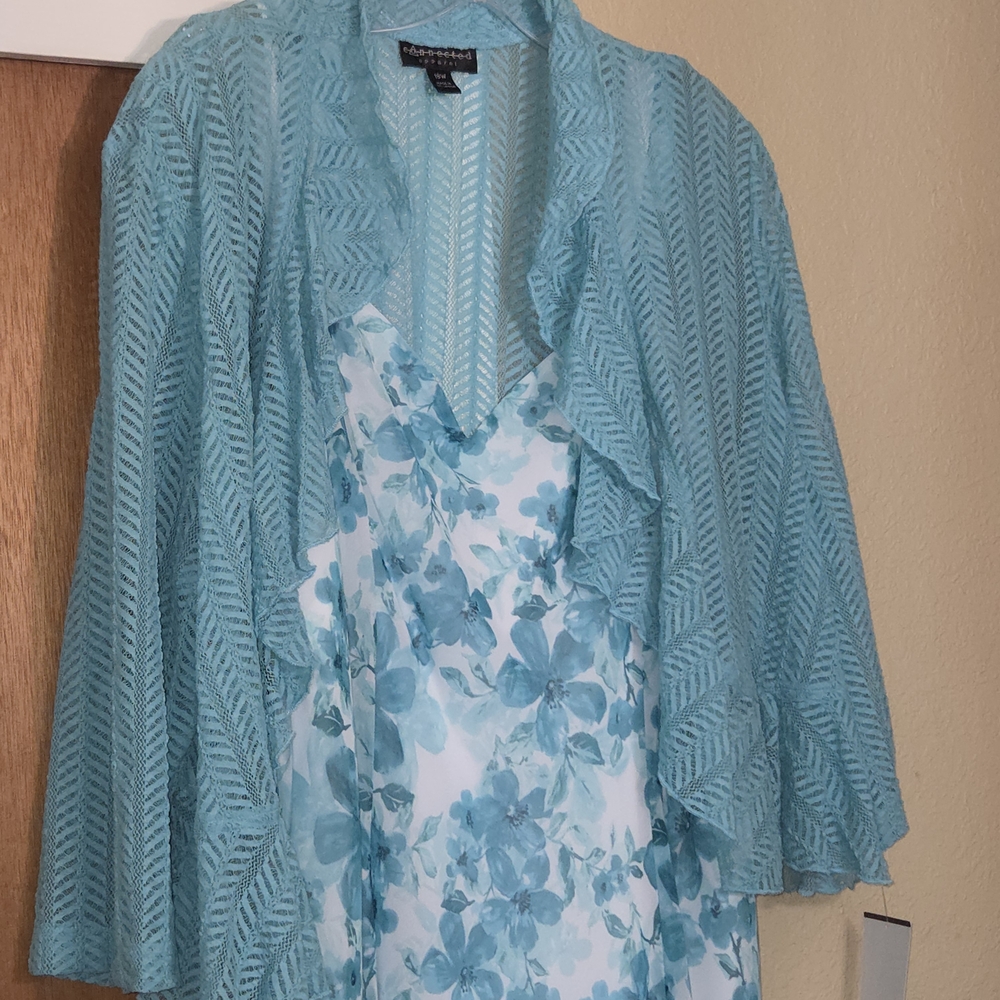 New 18W Connected Apparel Teal White Chiffon Lace Jacket Summer Dress - Picture 2 of 13